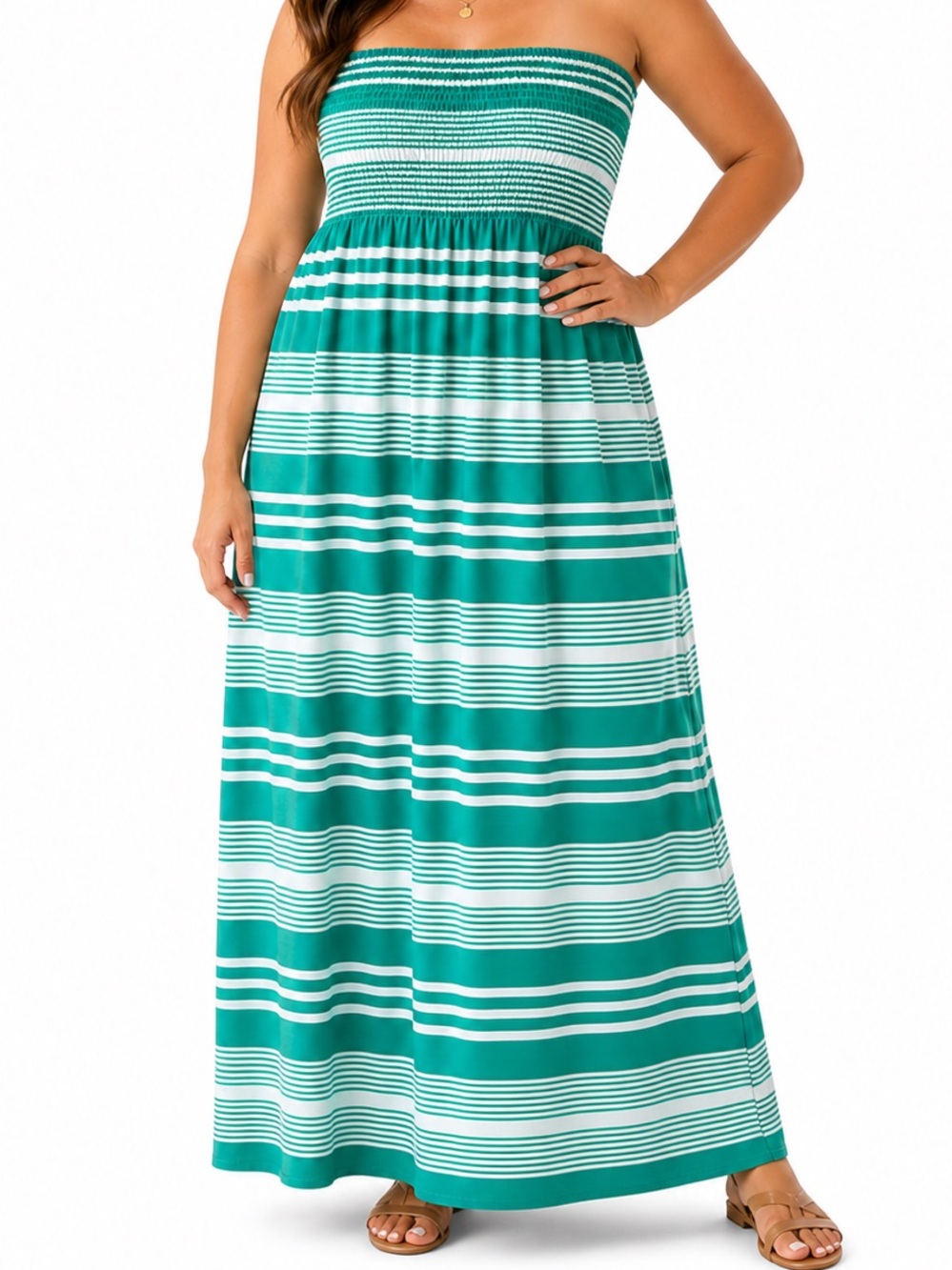 Magic Teal White Strapless Maxi Dress Smocked Bodice Striped Summer Boho Chic